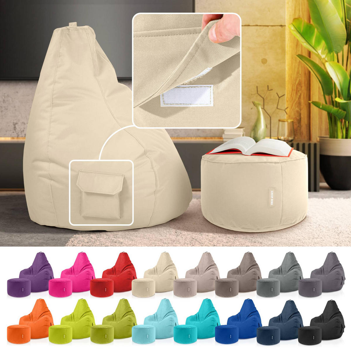 SITZSACK + Hocker "Cozy+Stay" 2er Set - Beige, Textil (70/90/80cm) - Green Bean