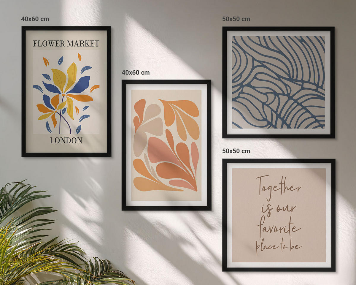 WANDBILDER 4er-Set - 50x50 cm & 40x60 cm Schwarzer Rahmen - Moderne abstrakte Blumen - Schwarz, Kunststoff (50/50cm) - ArtPrintCave