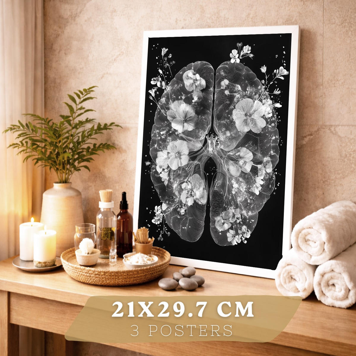 POSTER Set aus 3 Anatomie Drucke und Wandbilder mit Inneren Organen Gehirn Herz Nieren Minimalistisches Schwarz Weiß Design Größe Weißer Rahmen A4 - Weiß, Papier (21/29.7/3cm) - Nacnic