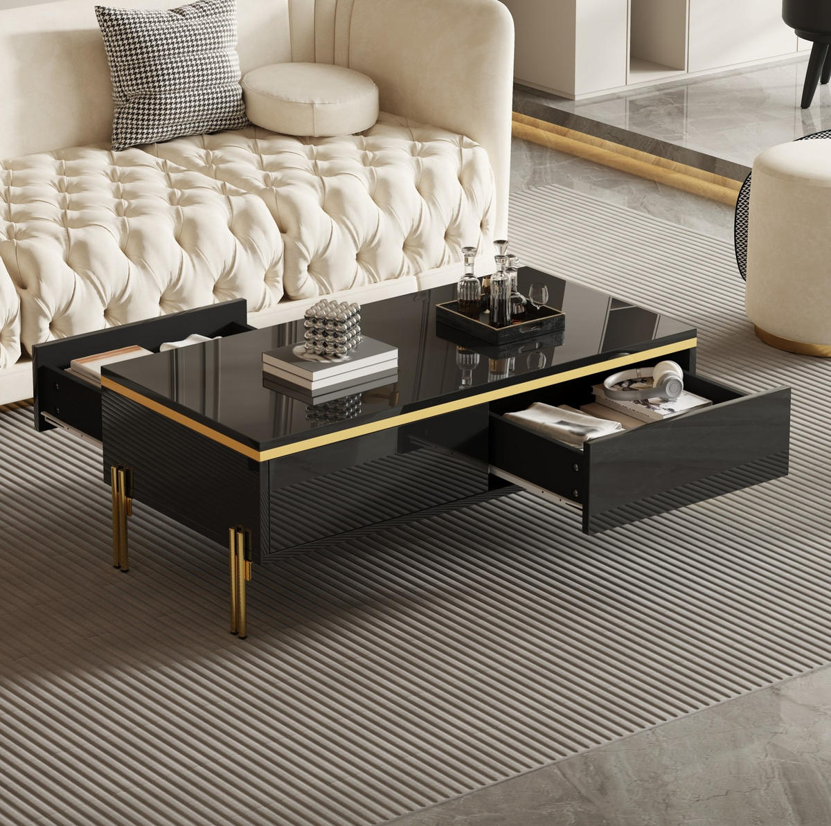 COUCHTISCH aus Spanplatte 100x50x36 cm in Schwarz mit doppelseitigen Schubladen - Schwarz, Holzwerkstoff (100/50/36cm) - Modfu