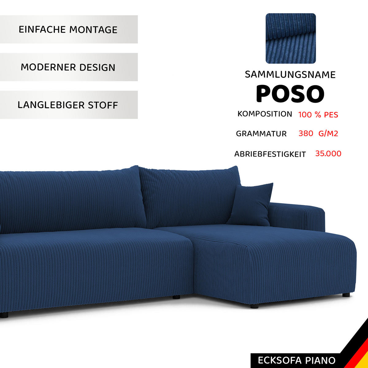 ECKSOFA mit Schlaffunktion und Bettkasten, Blau - Blau, Holzwerkstoff/Textil (145/278cm) - Idohome