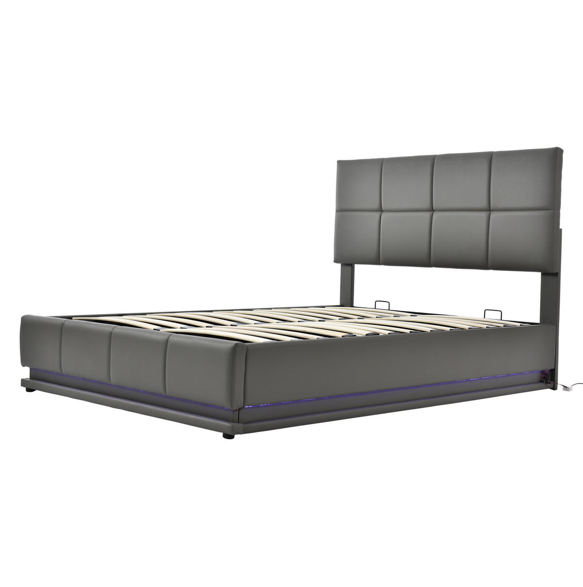 POLSTERBETT 140/200 cm mit LED-Beleuchtung, hydraulischem Bettkasten und Kunstlederbezug, Grau - Grau, Textil (140/200cm) - Redom