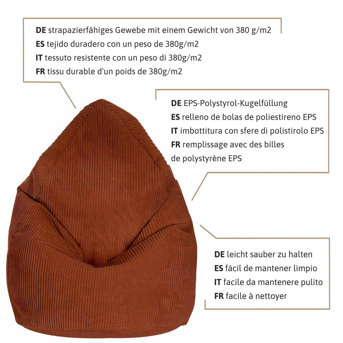 SITZSACK MIT FUßSTÜTZE Kordsamt 2-tlg Indian tan S - Rotbraun/Braun, Textil (70/105cm) - Dreamroots