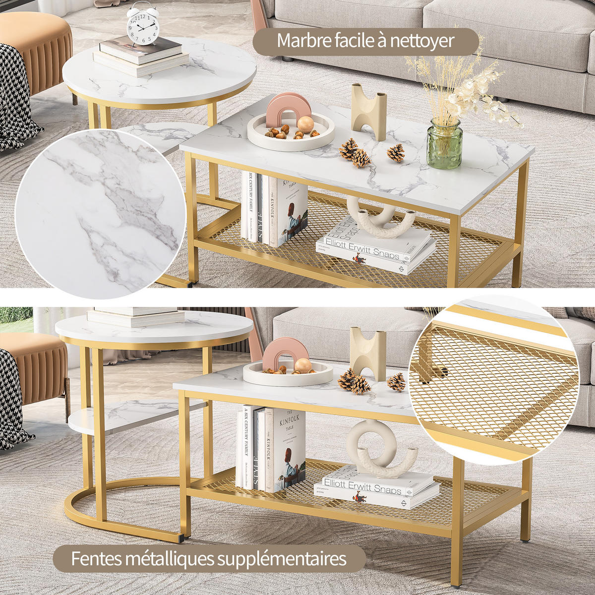 COUCHTISCH 2er Set rund schiebbar Beistelltisch Metall gold - Goldfarben, Holz (46/80/41cm) - LEBENLANG