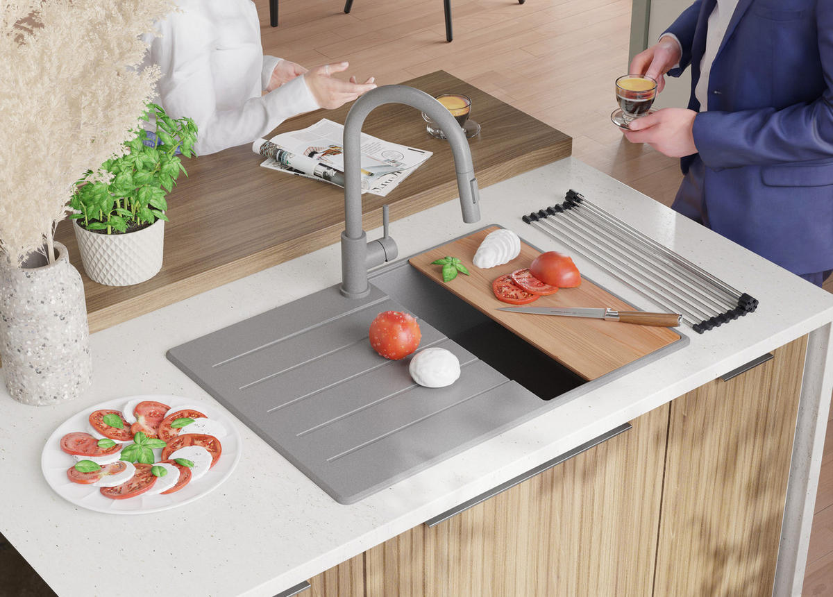 SPÜLBECKEN Kopenhagen, 2-er set Grau 70/50 cm 1 Becken + Ablauf-Set + Schneidebrett ab 40er Unterschrank - Chromfarben/Beige, Kunststoff (70/20/50cm) - Primagran