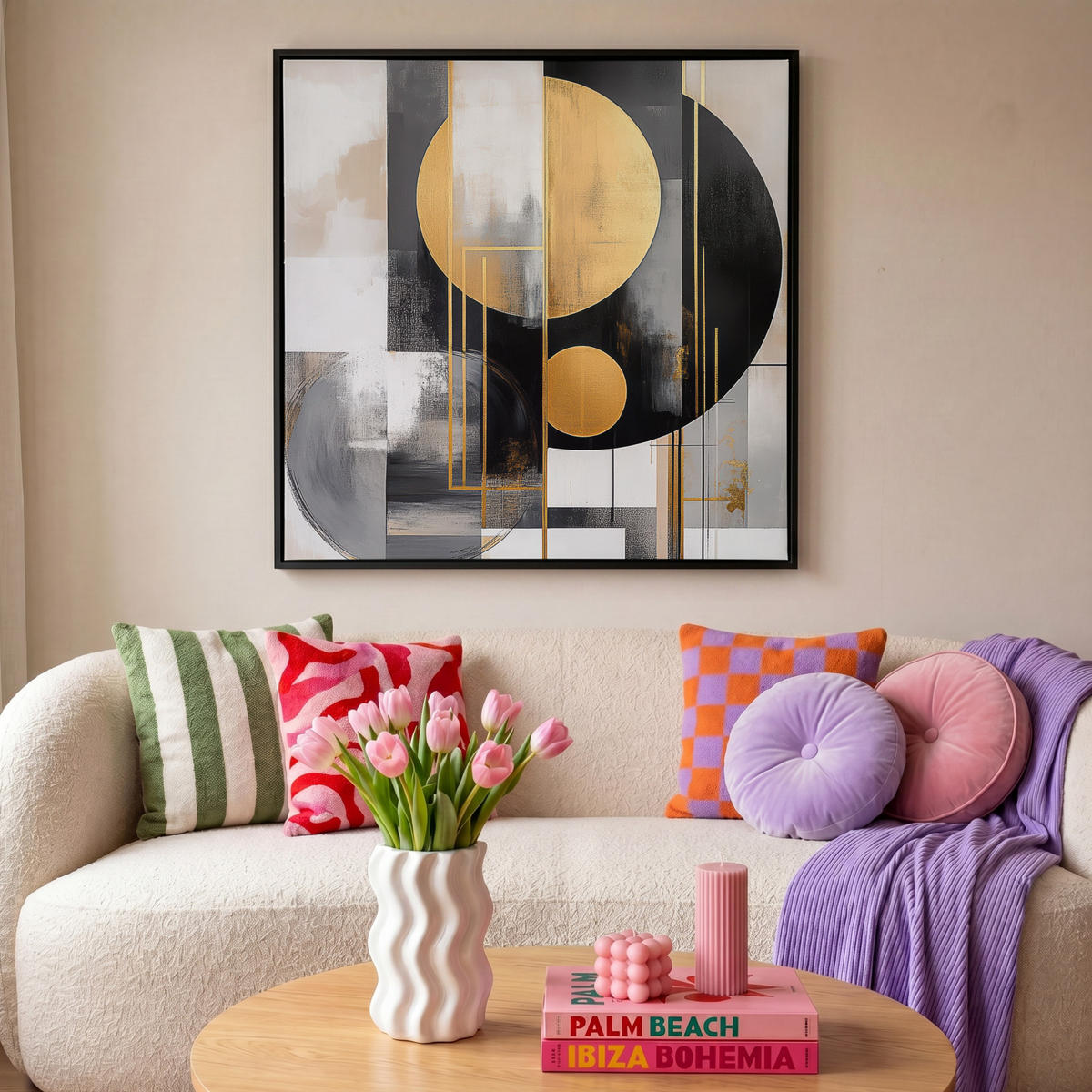 LEINWAND Bilder mit Rahmen - Abstrakt - Gold - Silber - Formen - Ästhetisch - Modern - 90x90 - Goldfarben, Textil (90/90cm) - MuchoWow