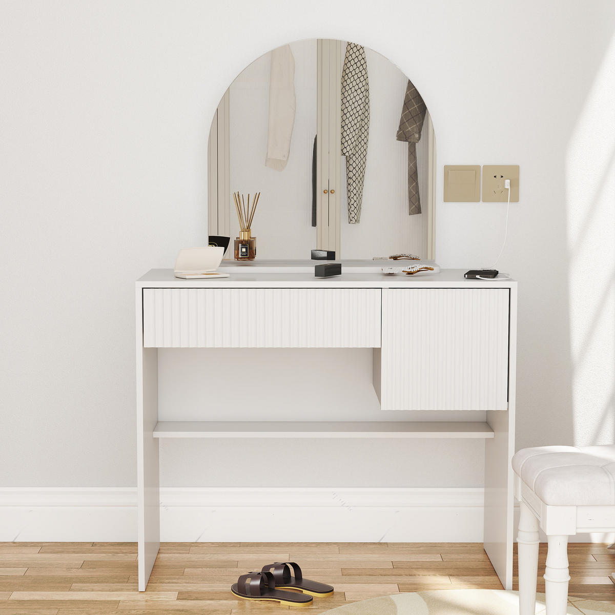 SCHMINKTISCH in Weiß Frisiertisch mit Schubladen und Spiegel für Schlafzimmer, B90/T40/H135cm - Weiß, Glas/Holzwerkstoff (90/135/40cm) - STILVORA