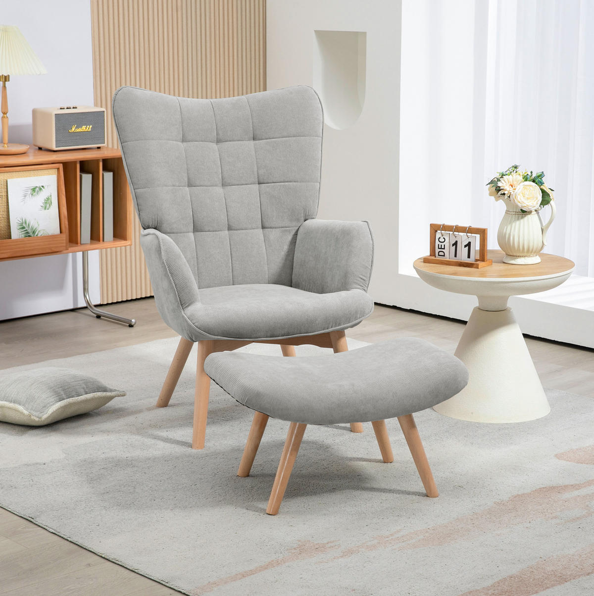 OHRENSESSEL Set Polyester mit Hocker, Holzbeinen 72/80/101 cm Grau - Grau, Textil (72/101/80cm) - Redom
