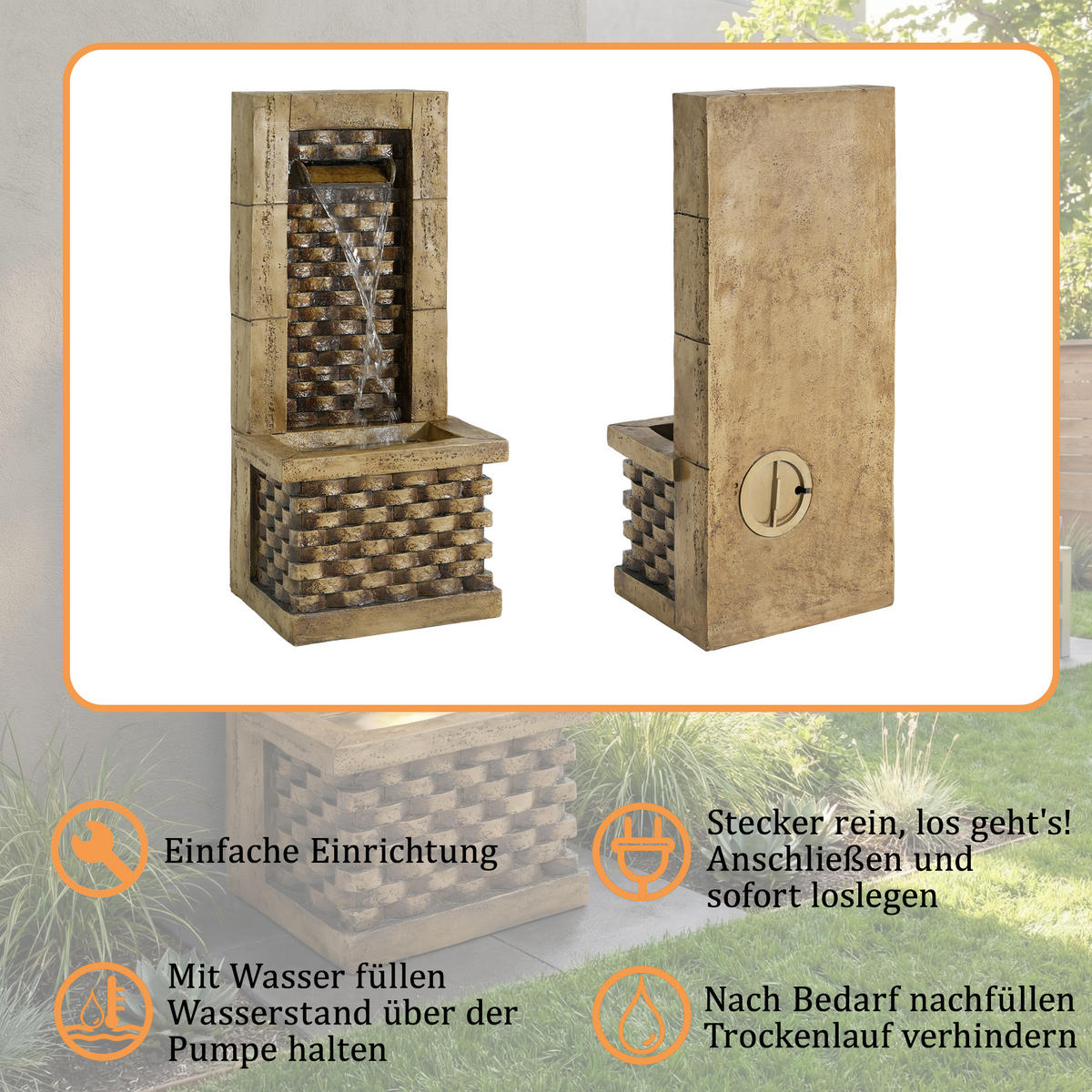 GARTENBRUNNEN Antik 230V Wasserfall Standbrunnen Quadratisch - Braun, Naturmaterialien (37/31.5/89cm) - FLIEKS