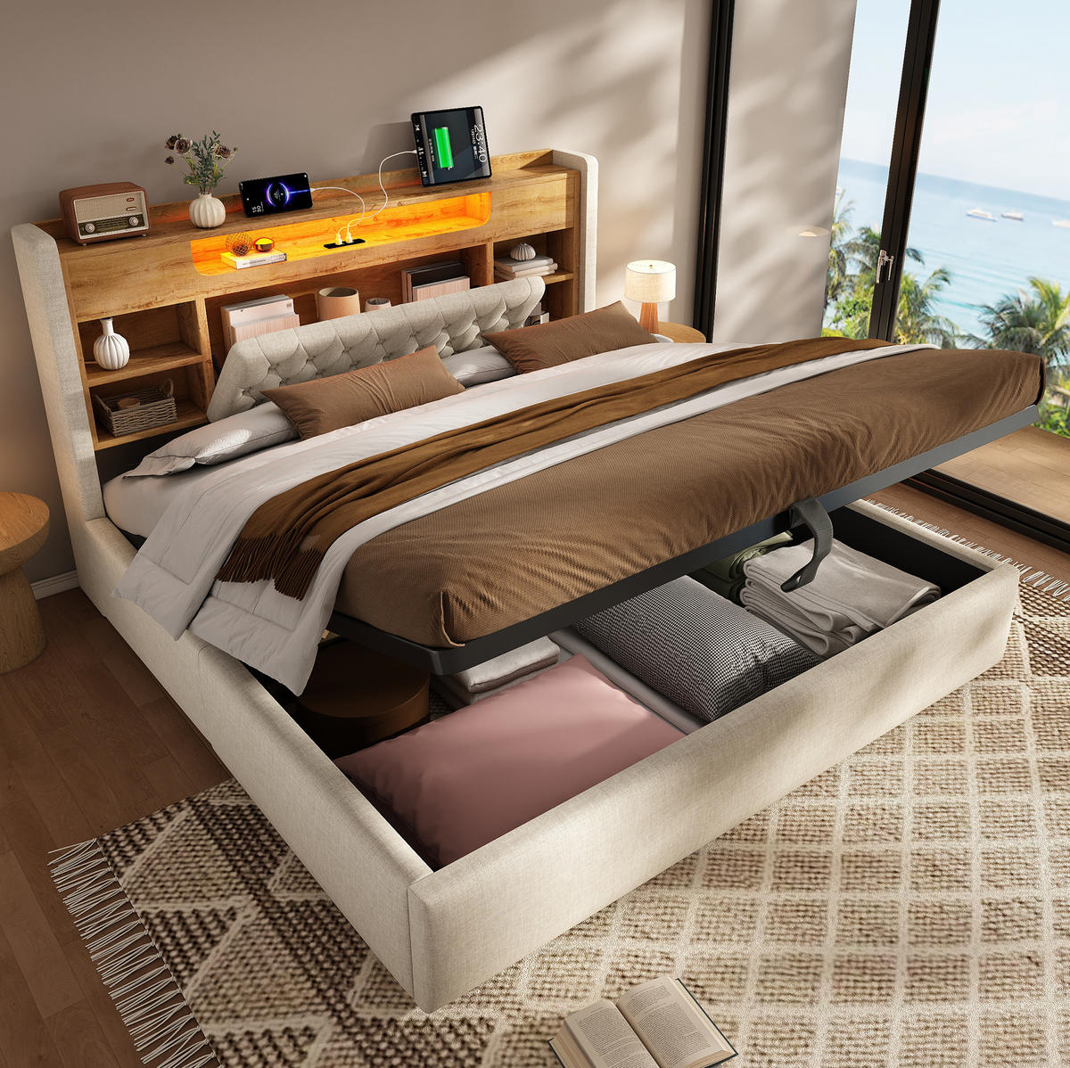 POLSTERBETT aus Leinen 160x200 cm Beige mit hydraulischem Bettkasten, LED, USB-C und Kopfteilregal - Beige, Textil (160/200cm) - Modfu
