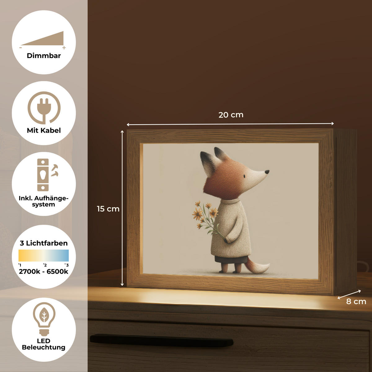 NACHTTISCHLAMPE Fuchs - Gelbe Blumen - Minimalistisch 20x15 cm - Taupe, Holzwerkstoff (8/20/15cm)