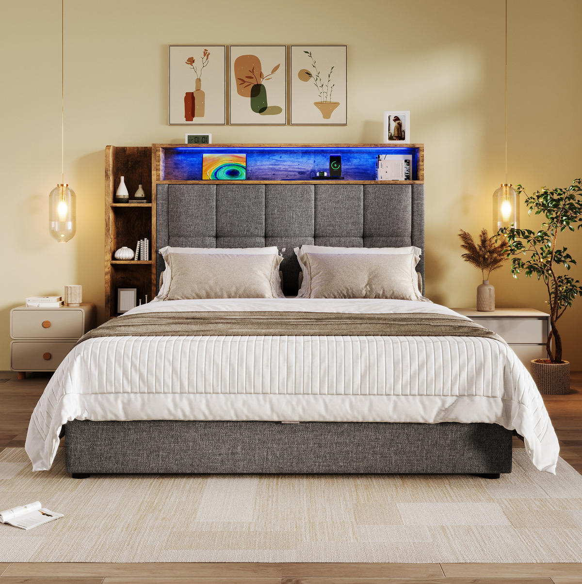 POLSTERBETT 90/200 cm Grau mit Stauraum, LED-Beleuchtung und USB-Anschlüssen - Grau, Textil (90/200cm) - Flora Grace