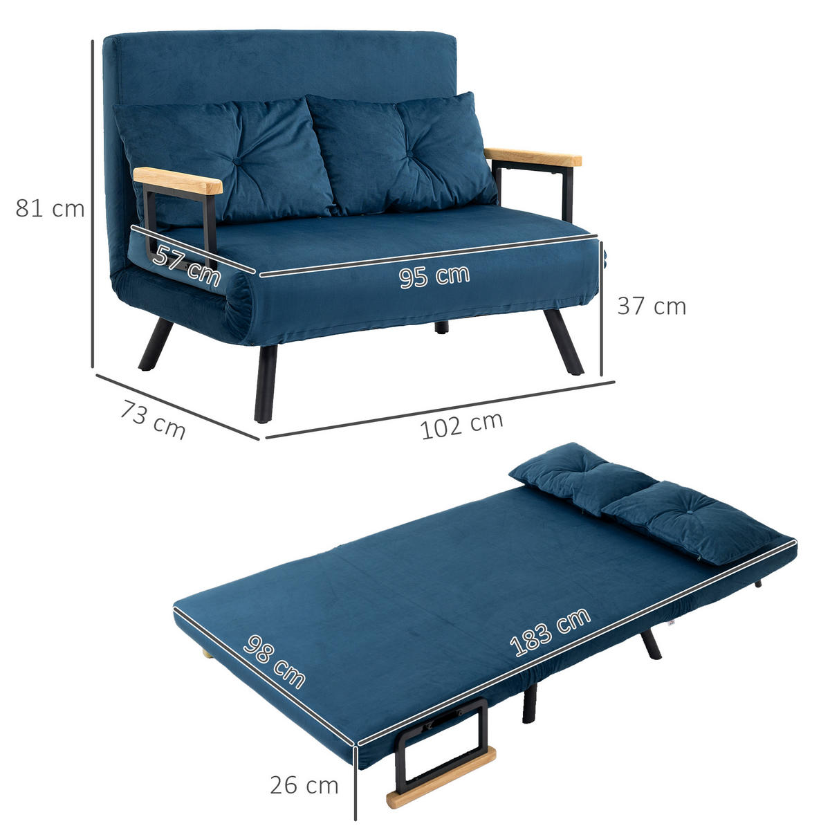 SCHLAFSESSEL mit Bettfunktion 102 x 73 x 81 cm Samt Blue - Blau, Holzwerkstoff (102/81/73cm) - Meubliv
