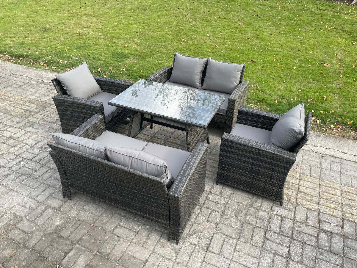GARTENMÖBELSET mit ESSTISCH,HOCHLEHNER-SOFA Polyrattan Dunkelgrauer Mix 6-Sitzer - Dunkelgrau/Grau, Glas/Kunststoff - Fimous