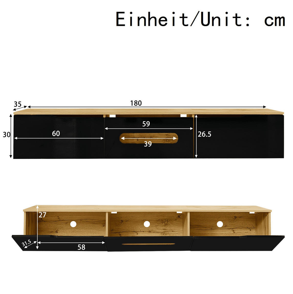 TV-ELEMENT mit LED-Beleuchtung 180 cm Schwarz Holzoptik - Braun, Holzwerkstoff (35/30/180cm) - Beauniv