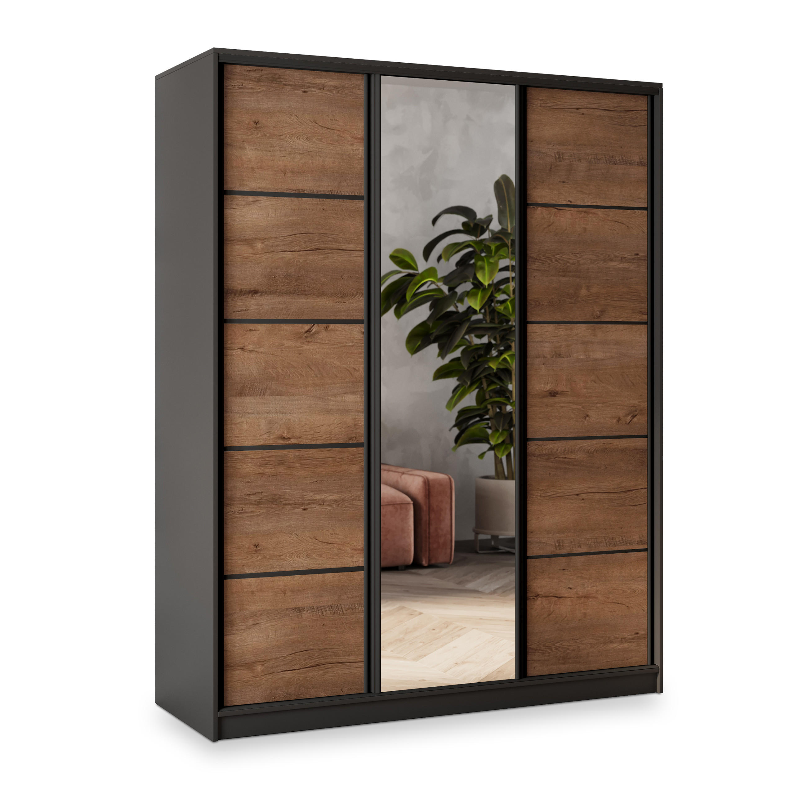 SCHWEBETÜRENSCHRANK NATA 150/205/58 cm 3-türig mit Spiegel und Schubladen Schwarz / Eiche Lefkas - Eichefarben/Schwarz, Holzwerkstoff (150/205/58cm) - MASSENO