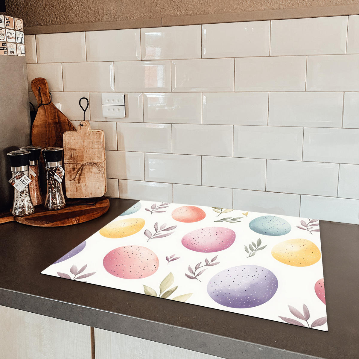 HERDABDECKPLATTE Eier - Bunt - Muster Herdabdeckung Induktionsfeld 65x52 cm - Weiß, Kunststoff (65/52/0.2cm) - MuchoWow