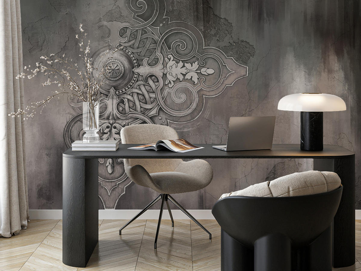 FOTOTAPETE für Wohnzimmer Retro Ornament Betonwand 250x175 - Schwarz/Braun, Papier (250/175cm) - Muralo