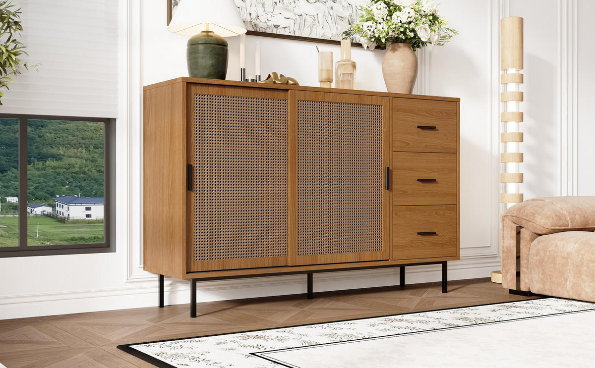 SIDEBOARD mit 2 Schiebetüren aus Rattan und 3 Schubladen, Natur, Spanplatte, 140/37/91 cm, Natur - Naturfarben, Holzwerkstoff (140/91/37cm) - Redom