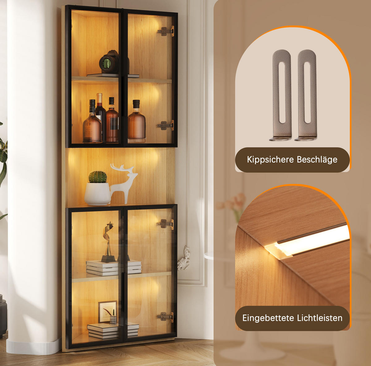 VITRINE mit LED-Beleuchtung 62x32x160 cm MDF Eichenoptik - Braun, Holzwerkstoff (32/160/62cm) - Beauniv