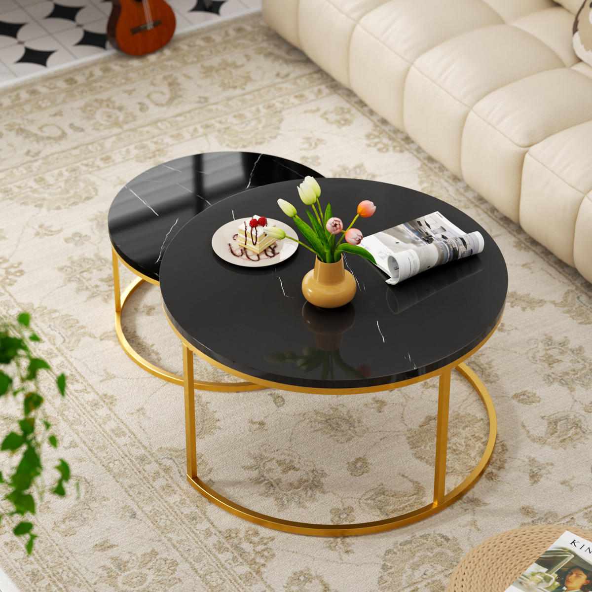 COUCHTISCH in Schwarz Hitzebeständiger Wohnzimmertisch mit Marmor-Optik Platte Sofatisch mit Metallgestell - Goldfarben/Schwarz, Holzwerkstoff/Metall (80/80/45cm) - STILVORA