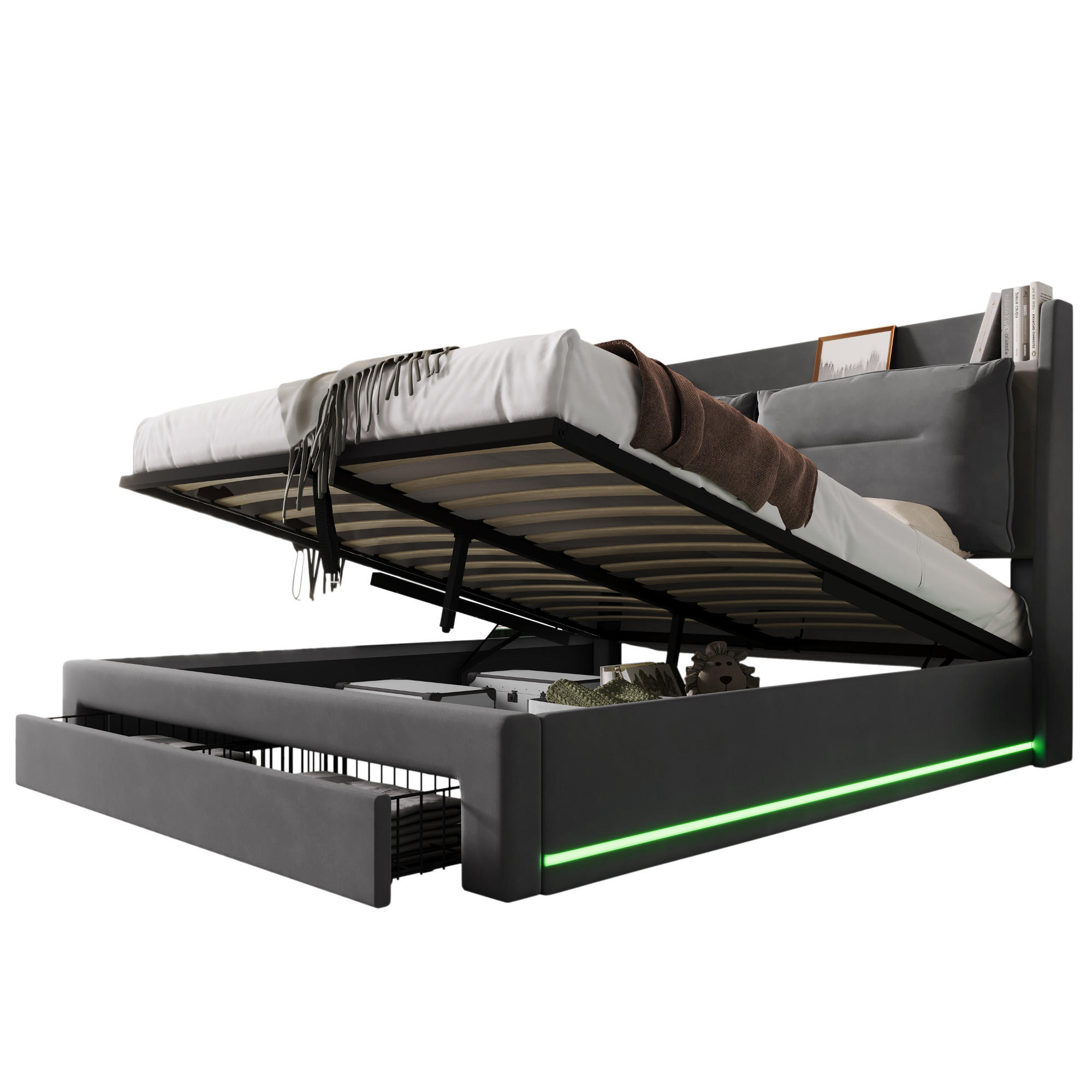 POLSTERBETT 160/200 cm Dunkelgrau mit hydraulischem Bettkasten und LED-Beleuchtung - Dunkelgrau, Textil (160/200cm) - OKWISH