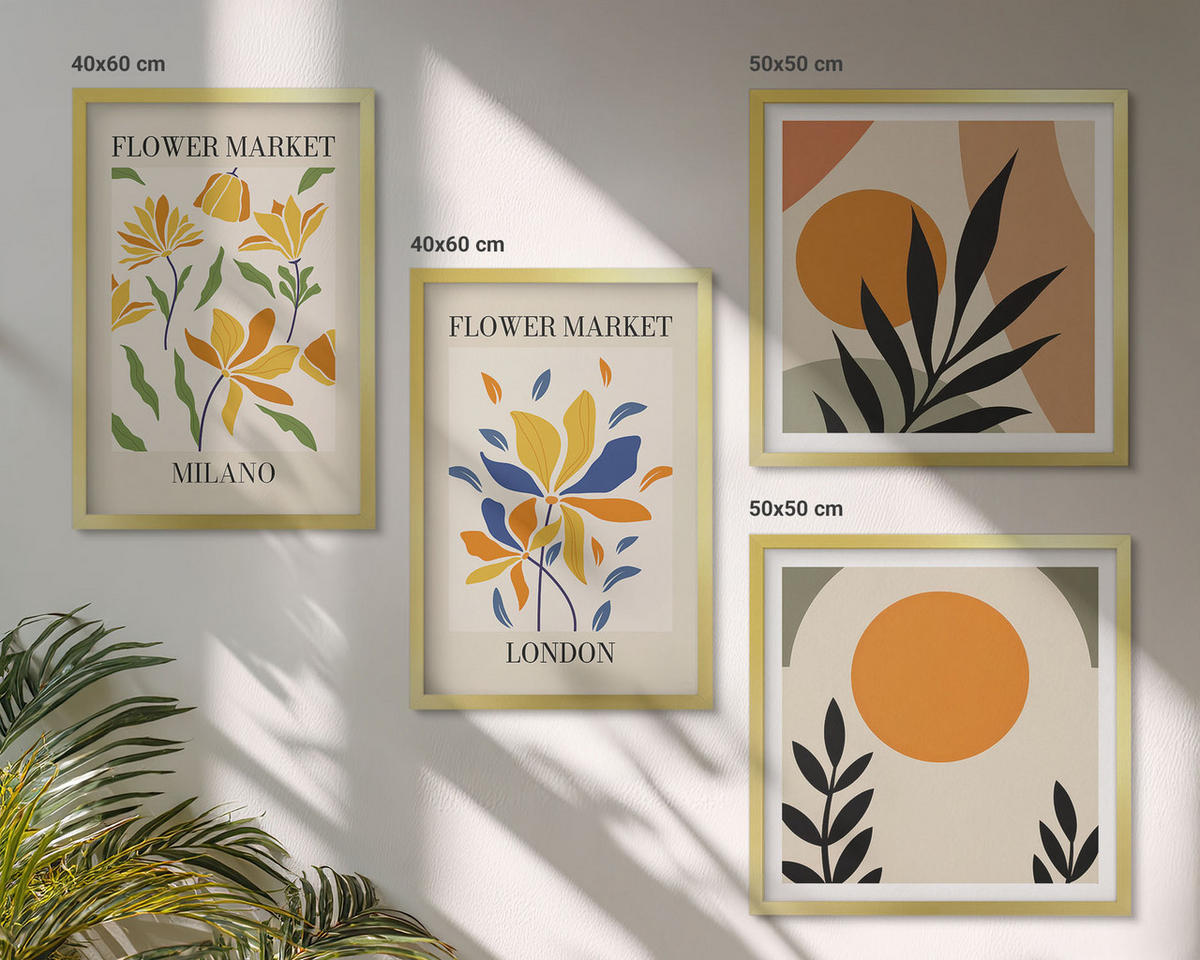 BILDER SET 4er Set - 50x50 cm & 40x60 cm Goldrahmen - Blumenposter Paris Mailand - Goldfarben, Kunststoff (50/50cm) - TULUP
