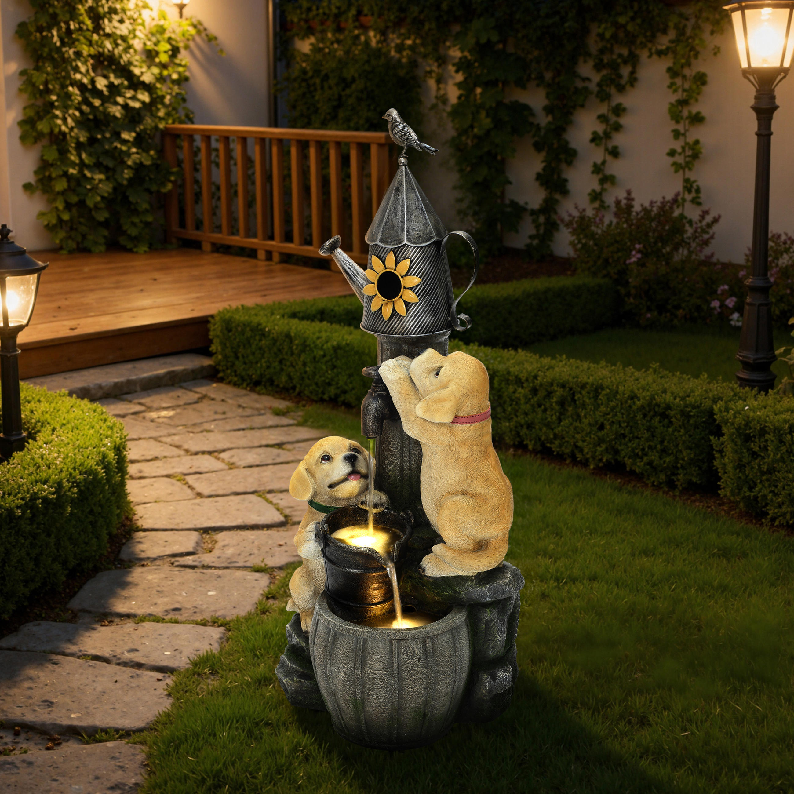 POLYRESIN-GARTENBRUNNEN,2 Hündchen+Vogelhaus,90x38x34cm,Garten/Balkon/Terrasse - Grau, Kunststoff (34/38/90cm)