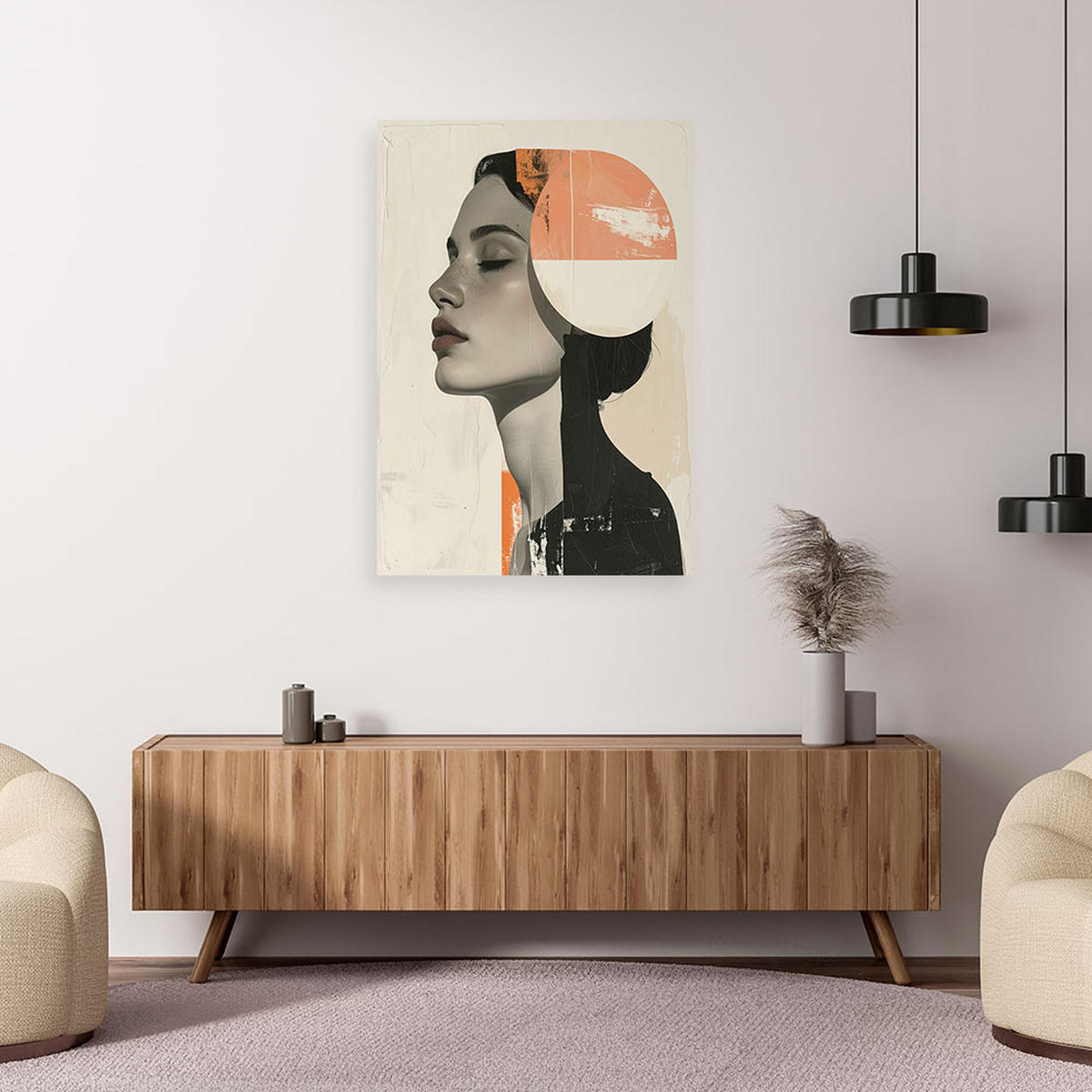 LEINWANDBILD, Minimalistisches Frauenprofil mit orangefarbener Sonne - Grau, Textil (70/100cm) - Feeby