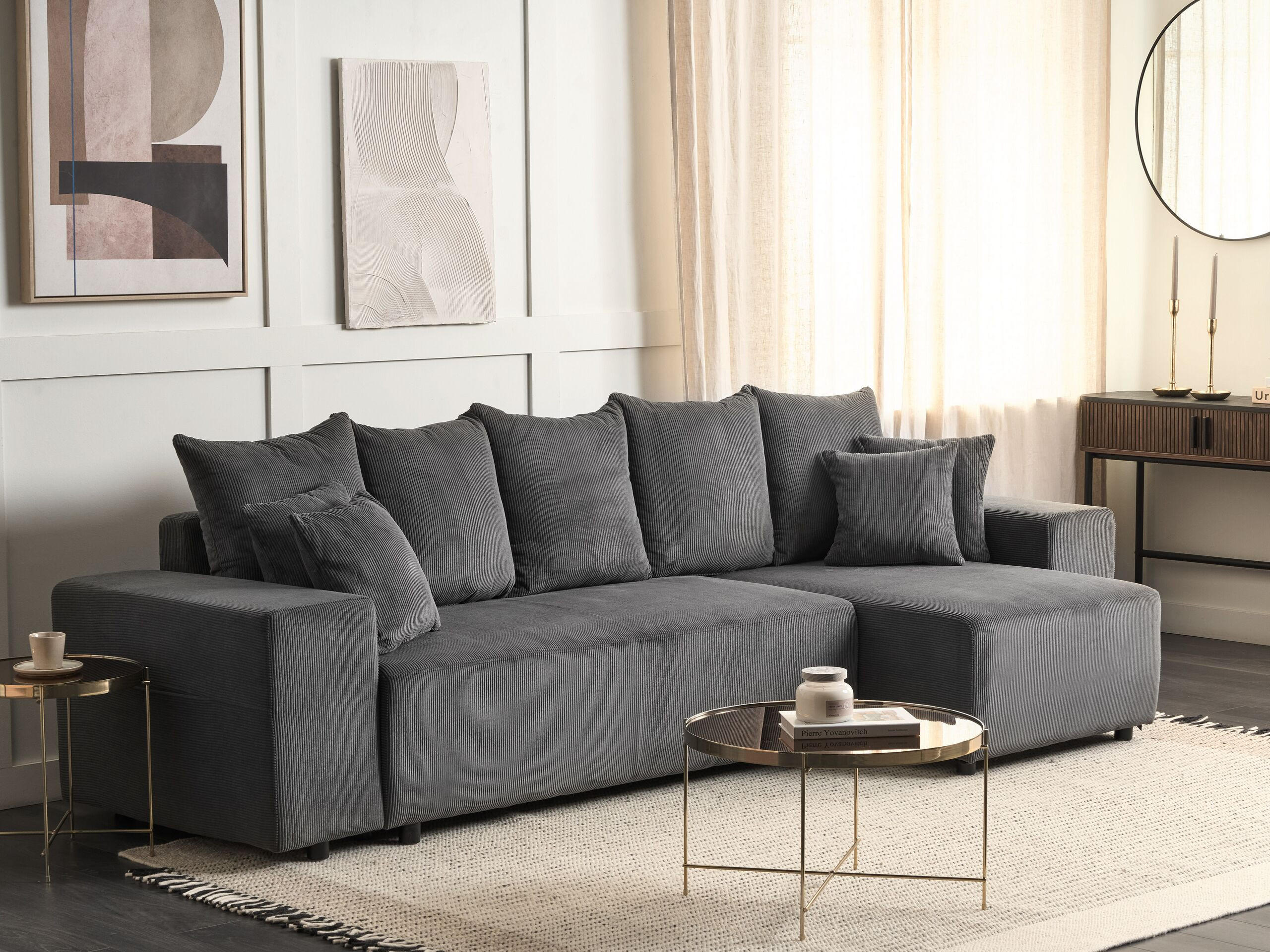 3-SITZER-ECKSOFA Cord dunkelgrau rechtsseitig mit Schlaffunktion Stauraum Luspa - Schwarz/Grau, Textil (294/130cm) - Beliani