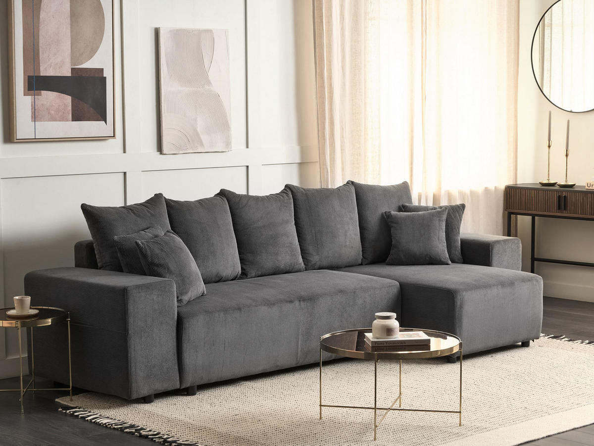 3-SITZER-ECKSOFA Cord dunkelgrau rechtsseitig mit Schlaffunktion Stauraum Luspa - Schwarz/Grau, Textil (294/130cm) - Beliani