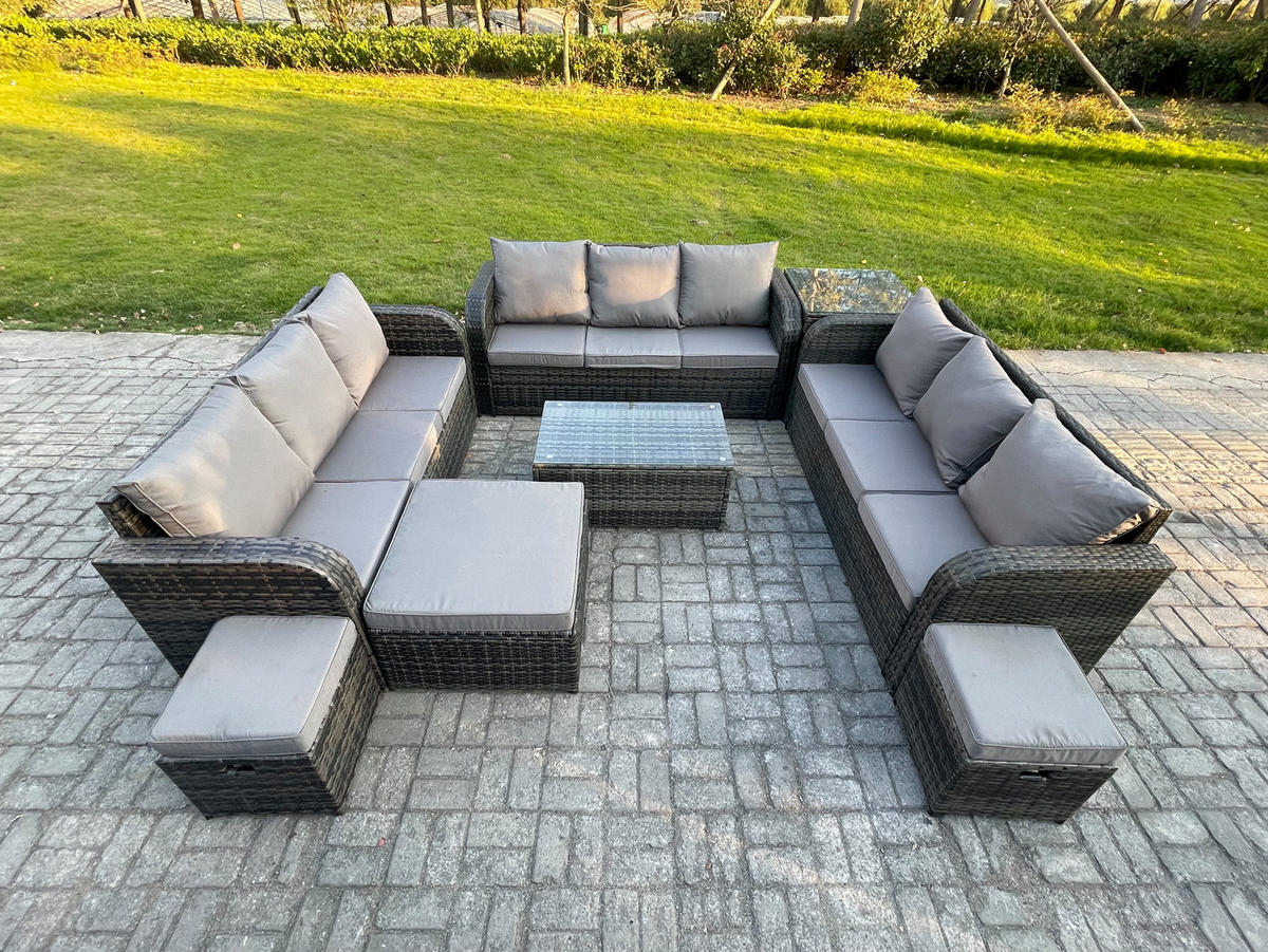 GARTENMÖBELGARNITUR mit KISSEN Polyrattan Dunkelgrau 12-Sitzer - Dunkelgrau/Grau, Glas/Kunststoff - Fimous
