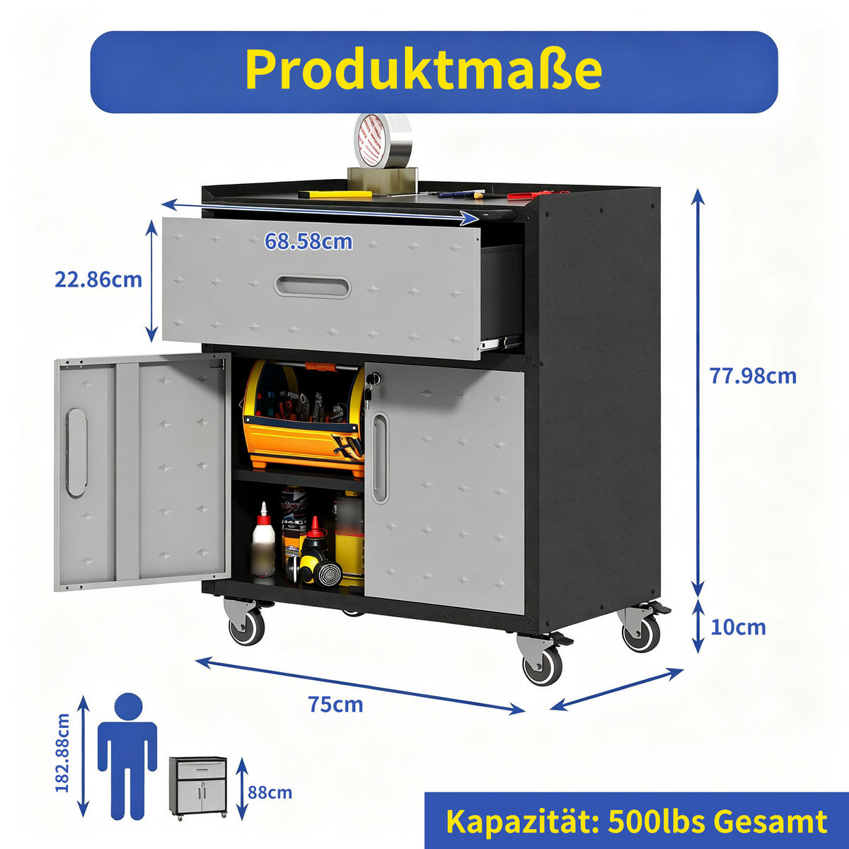 KOMBINATIONSMÖBEL – 88 cm hoch × 75 cm breit × 42 cm tief, ausgestattet mit einer Schublade und zwei abschließbaren Schranktüren. - Multicolor, Metall (42/88/75cm) - DCA