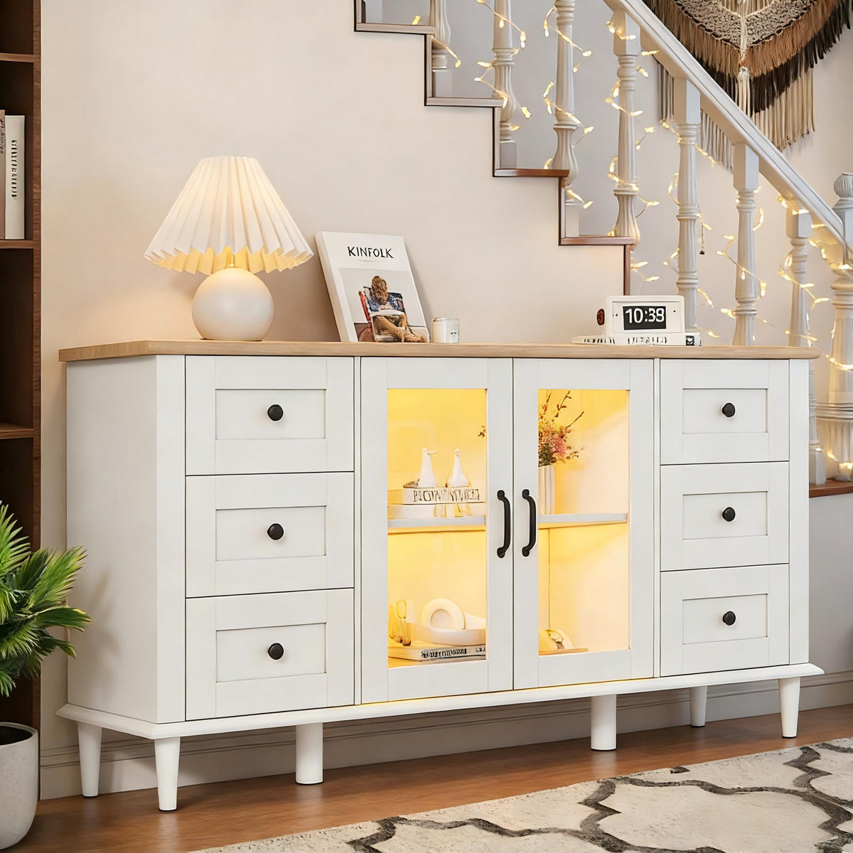 SIDEBOARD 150/40/75 cm mit 2 Acryltüren, 6 Schubladen & LED in Weiß/Holzoptik - Weiß, Holzwerkstoff (150/75/40cm) - BEAOK