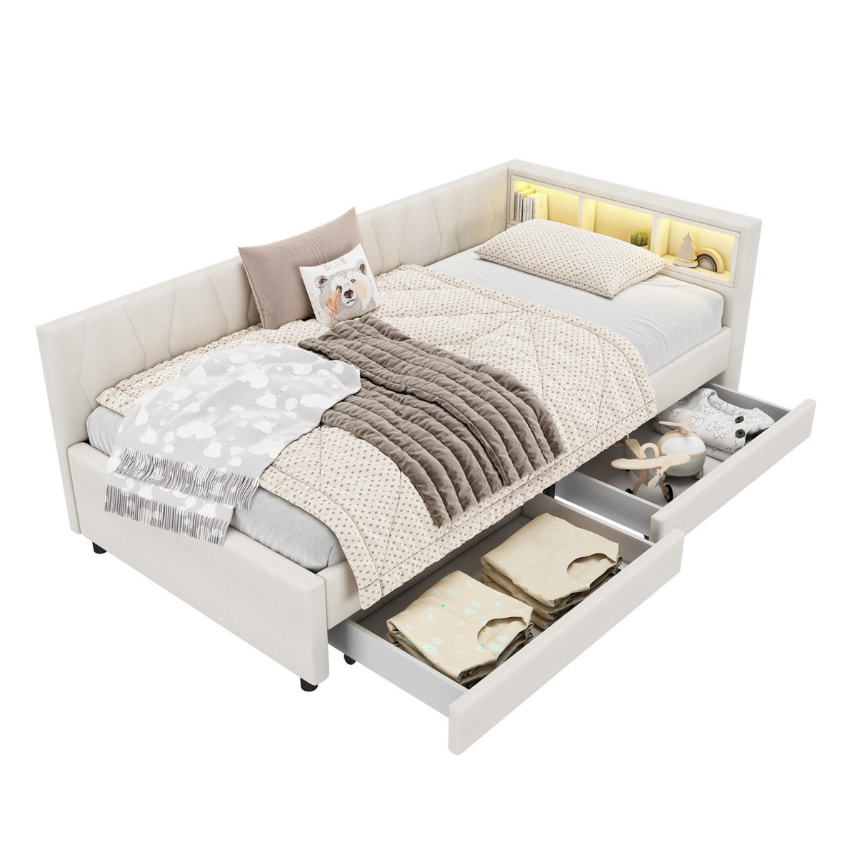 POLSTERBETT 90/200 cm in Beige mit LED-Beleuchtung, 2 Schubladen und USB- und Type-C-Anschlüssen - Beige, Textil (90/200cm) - Flora Grace