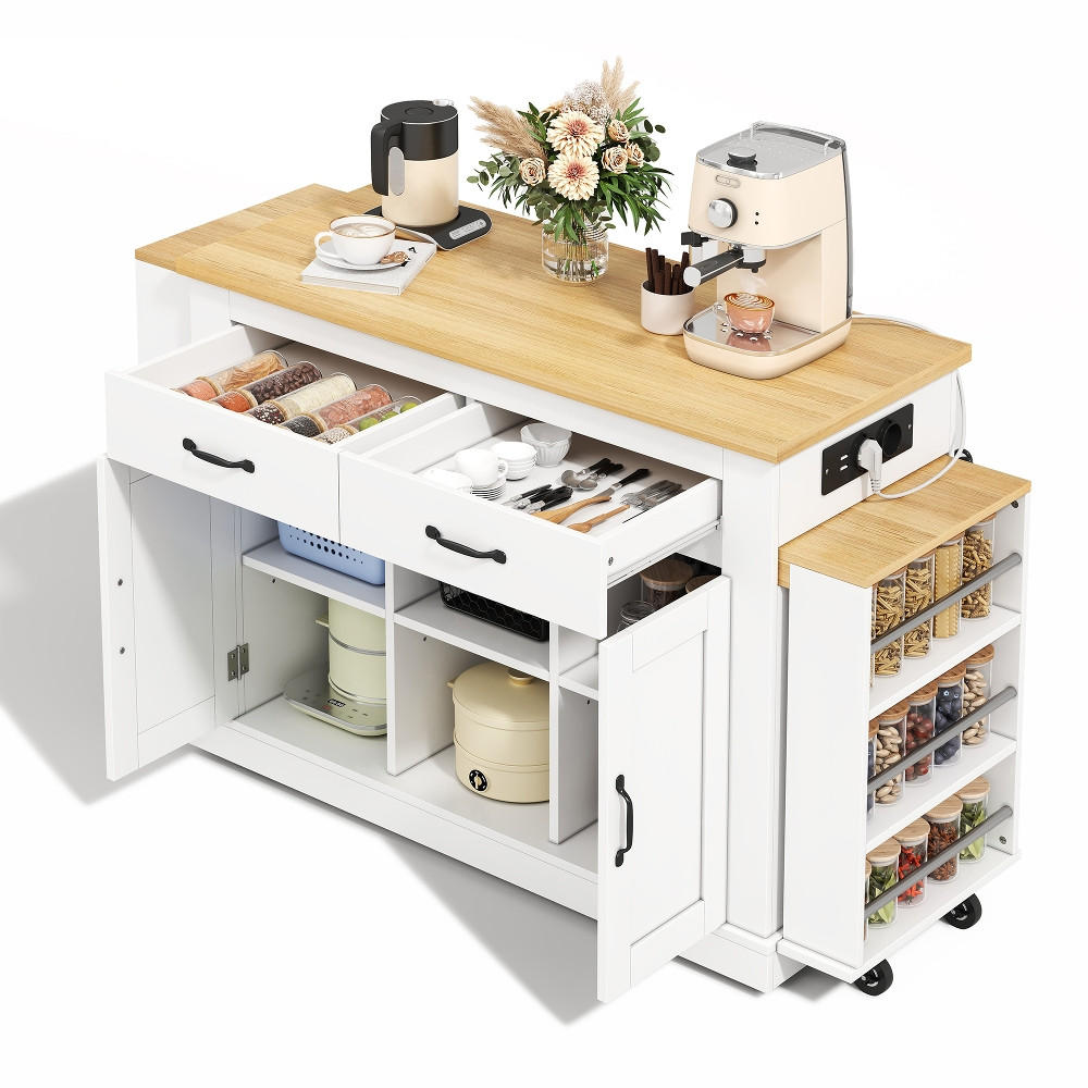 KÜCHENINSEL, Ausziehbare Arbeitsfläche, Steckdosen, USB, Holzimitat, 142-340/55/93 cm - Weiß, Kunststoff (55/93/142cm) - Rolipo