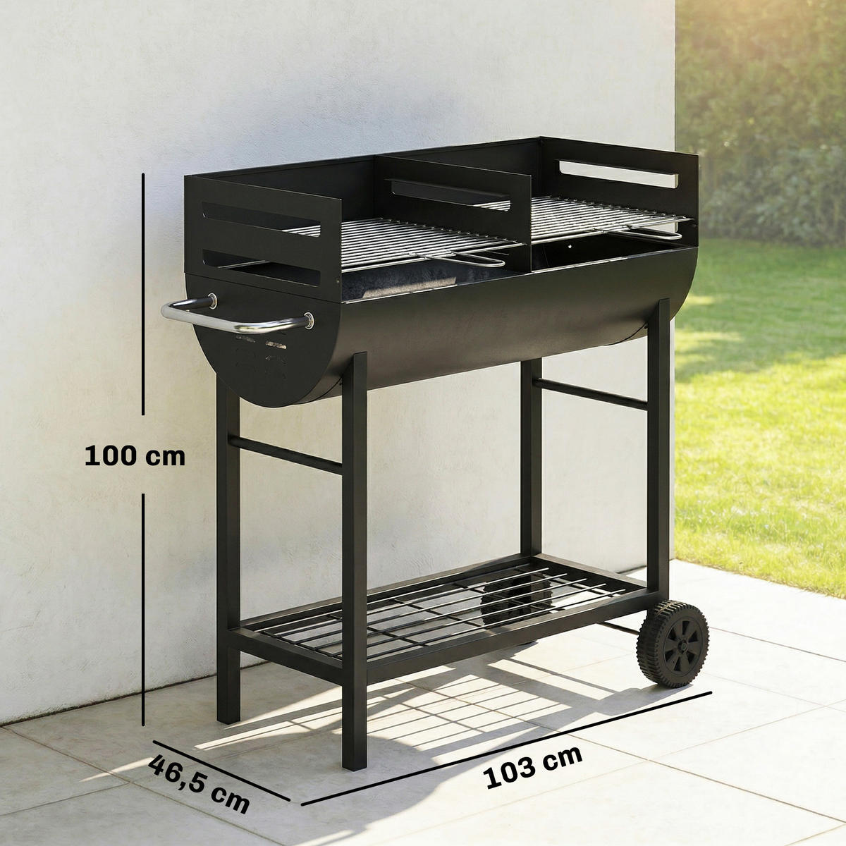 HOLZKOHLEGRILL mit Räder aus Metall Schwarz - Schwarz, Metall (46.5/100/103cm) - Outsunny