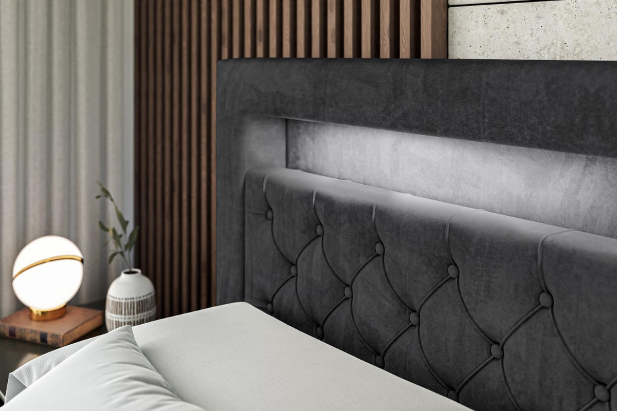 BOXBETT LED mit H3-Matratze und Lattenrost - NOEL GOLD - 180x200 Schwarz - Schwarz, Holzwerkstoff (180/200cm) - ALTDECOR
