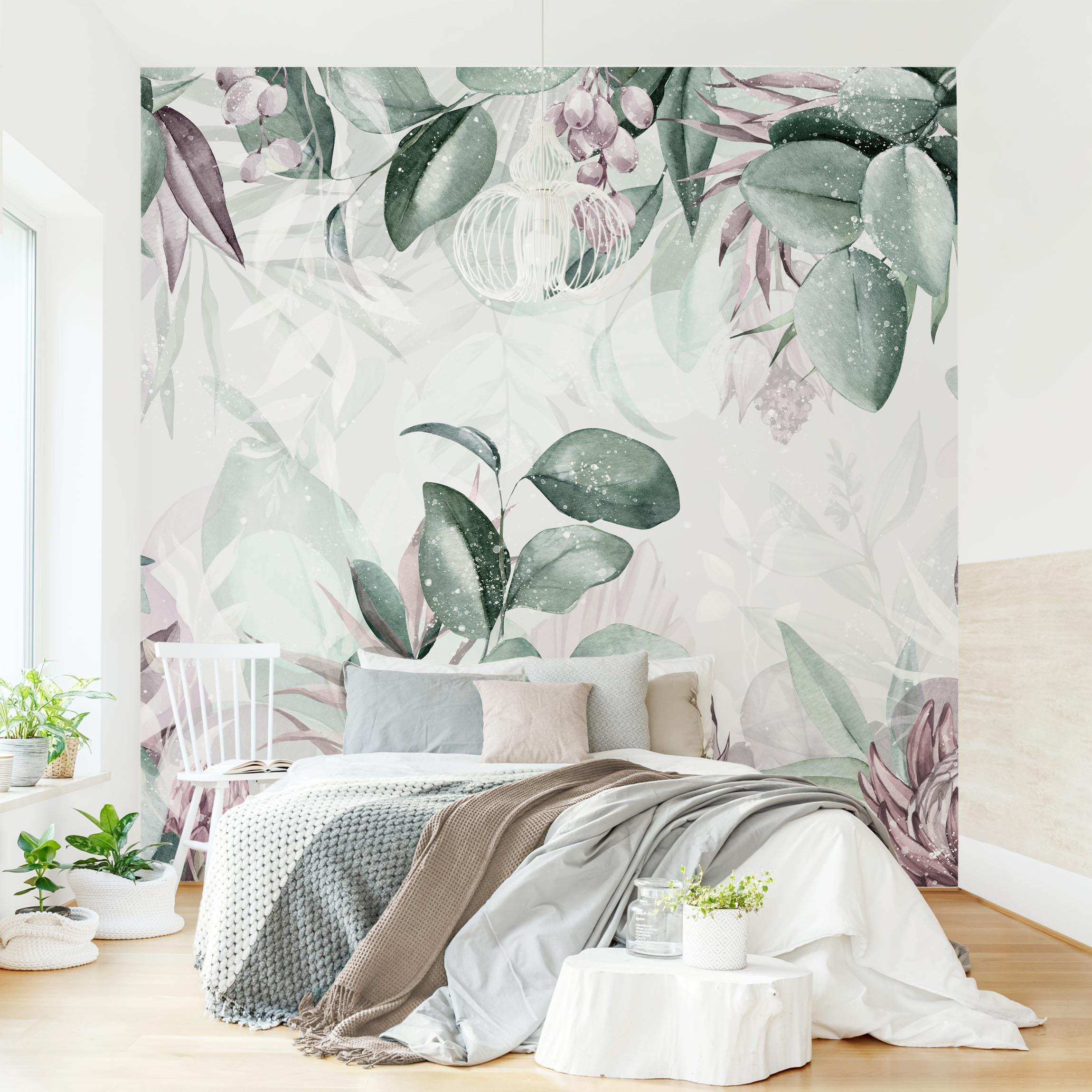 FOTOTAPETE Botanik in Pastell Grün & Rosa 288/288 cm - Grün, Papier (288/288cm) - Bilderwelten