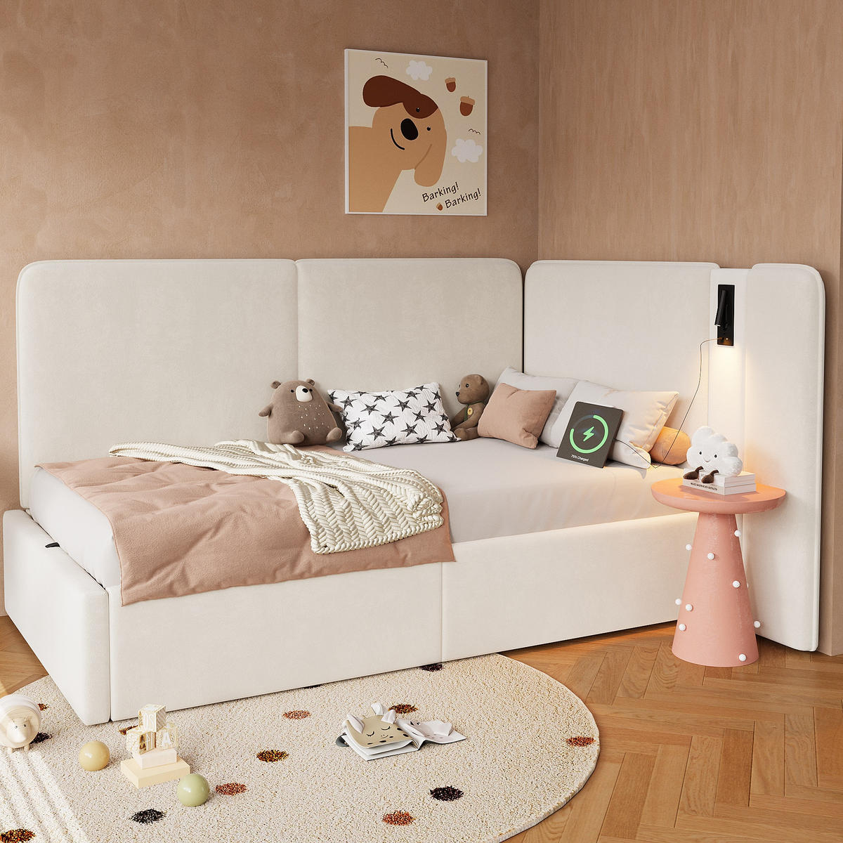 POLSTERBETT aus Samt 90x200 cm in Beige mit Stauraum & USB/Typ-C - Beige, Textil (90/200cm) - Modfu