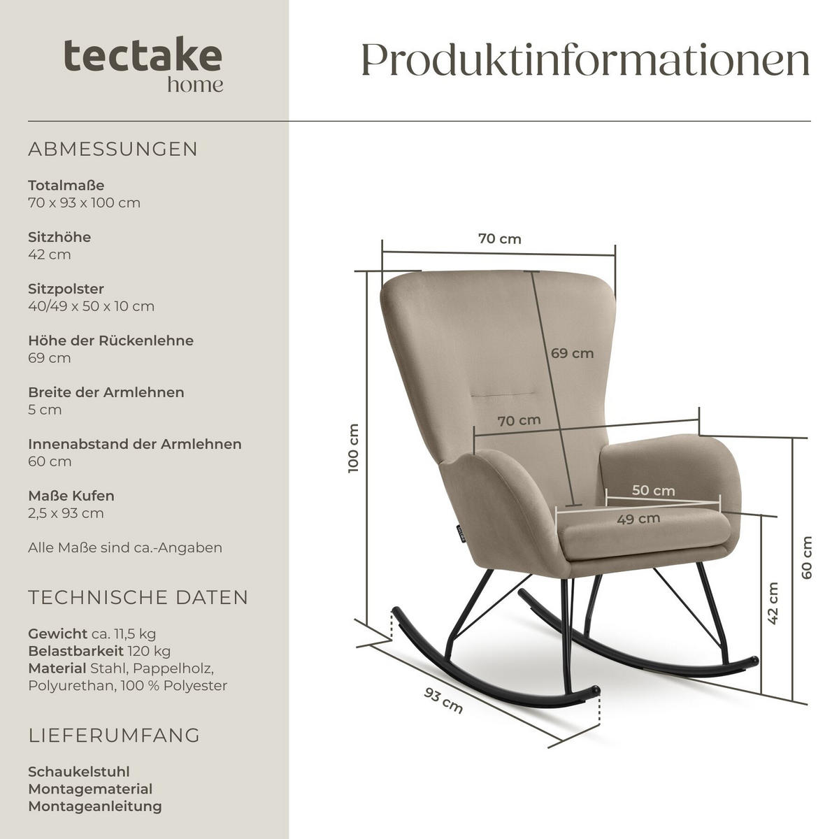 SCHAUKELSTUHL Swing, 70 x 93 x 100 cm, Belastbarkeit 120 kg, schwarz/taupe - Taupe/Schwarz, Kunststoff (70/100/93cm) - tectake