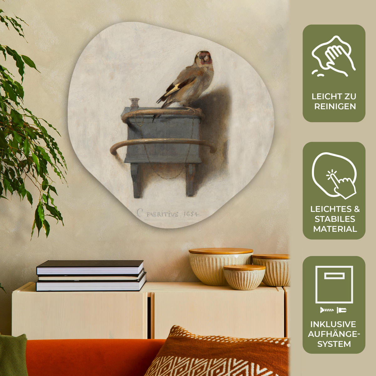 WANDBILD Stieglitz - Alter Meister - Carel Fabritius 90x90 cm - Grau, Kunststoff (90/90cm) - MuchoWow