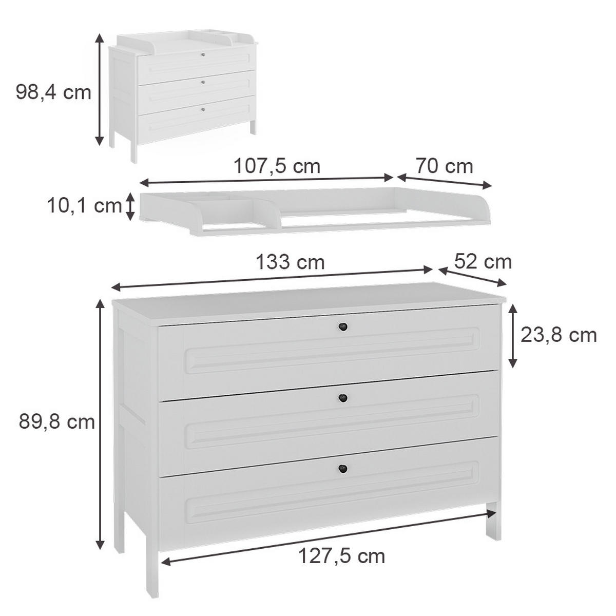 WICKELKOMMODE Ajaton Weiß 133 x 98.4 cm mit 3 Schubladen - Weiß, Holzwerkstoff (133/98.4/70cm) - VitaliSpa