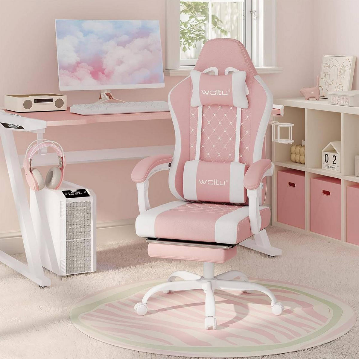 GAMINGSTUHL mit Massagefunktion, Netzstoff, Rosa+Weiß - Weiß/Rosa, Textil/Metall (70/127/70cm) - Woltu