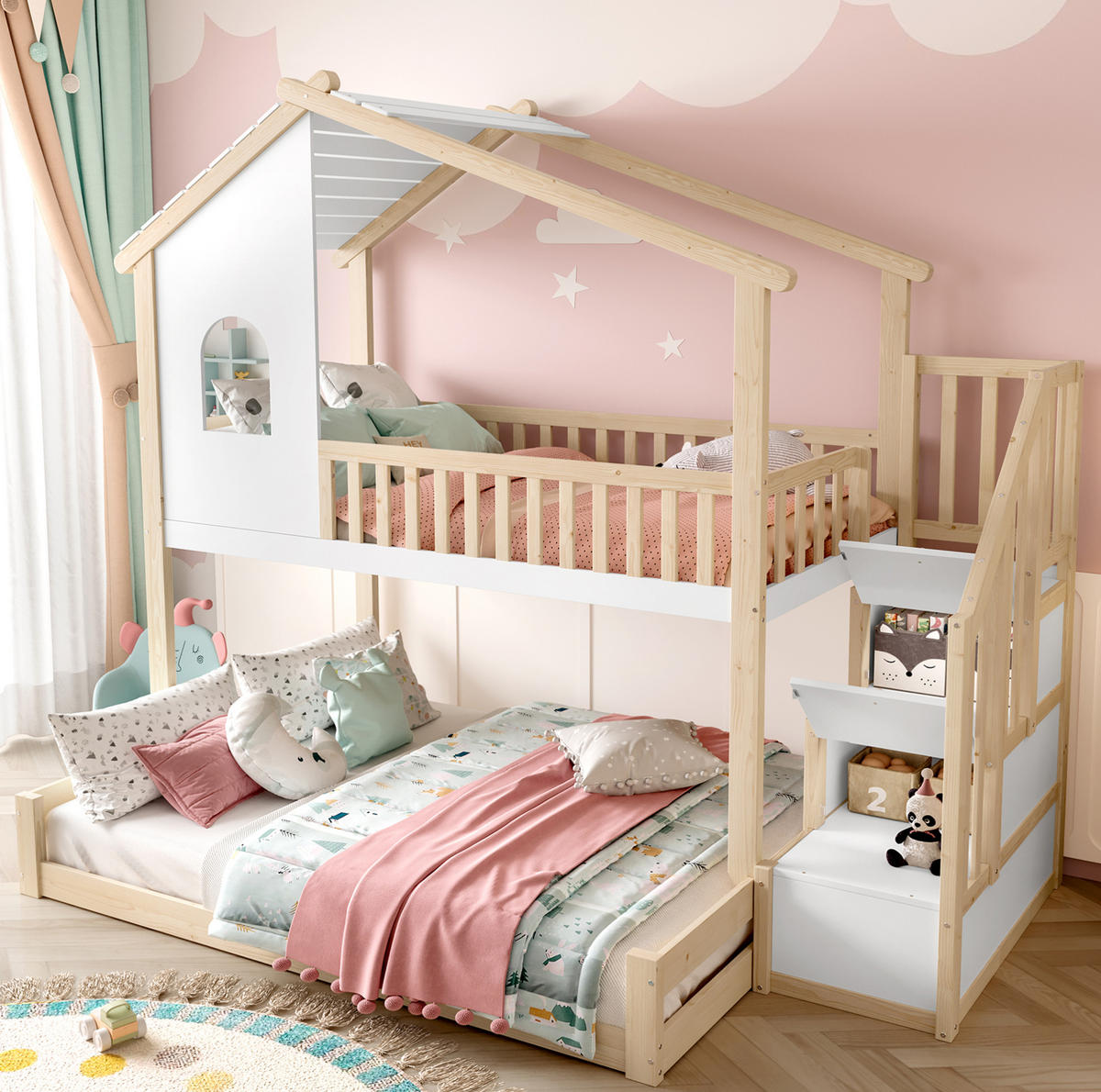 HAUSBETT 90/200 + 140/200 cm aus Kiefer mit Stauraumleiter - Naturfarben, Holzwerkstoff (90/200cm) - BEAOK