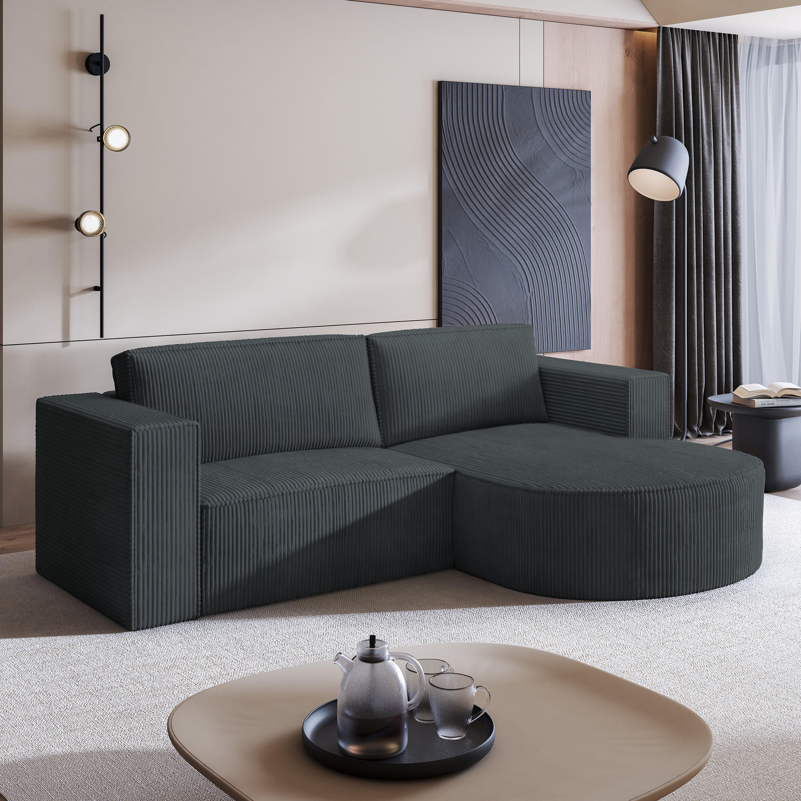 ECKSOFA SORELA P R-S Graphitfarben Kordstoff mit Schlaffunktion - Graphitfarben, Holz (263/174cm) - MASSENO