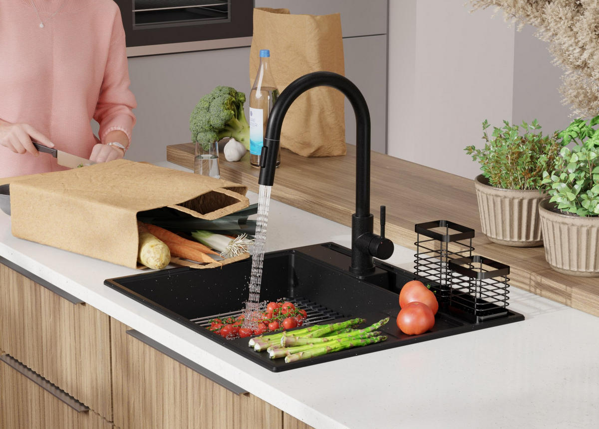 SPÜLBECKEN Sydney Pocket, 2-er set Schwarz Metallic 62/53 cm 1 Becken + Ablauf-Set + Küchenzubehörset ab 45er Unterschrank - Chromfarben/Schwarz Hochglanz, Kunststoff (62/20/53cm) - Primagran