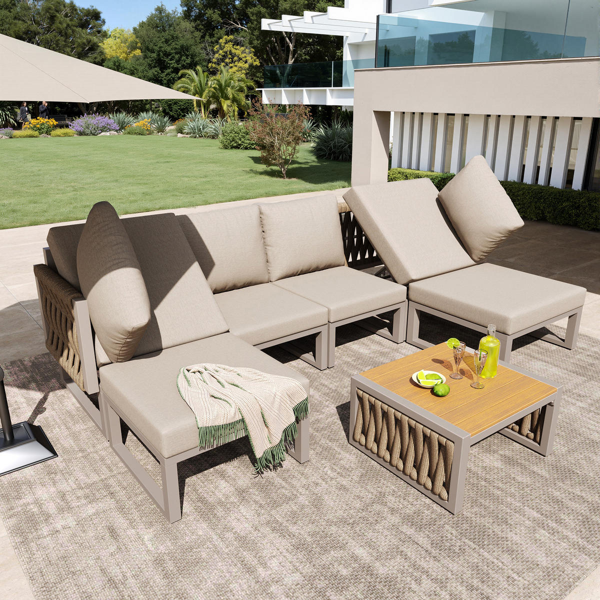 GARTEN-LOUNGE-SET mit verstellbaren Rückenlehnen & Tisch, 54/49/83 cm, Beige - Beige, Metall - Redom