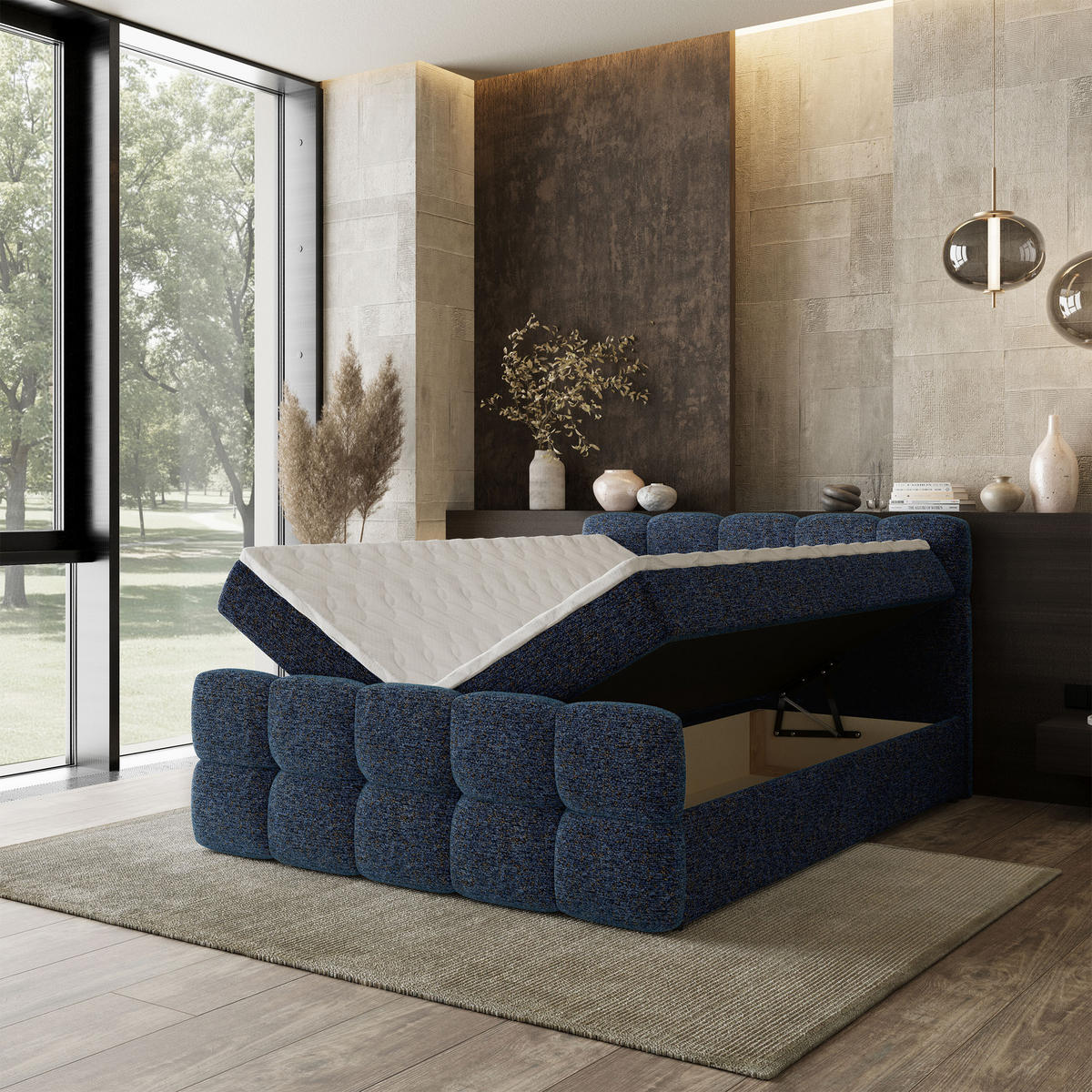 BOXBETT BRUME 140x200 cm mit Matratze und Topper, H2+H3 - Blau - Blau, Holz (140/200cm) - MASSENO