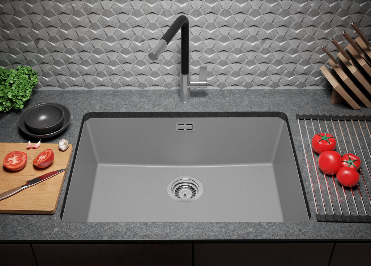 UNTERBAUSPÜLE GRANIT London, 2-er set Grau 66/47 cm 1 Becken + Küchenarmatur 38/14 cm + Ablauf-Set ab 70er Unterschrank - Chromfarben/Grau, Kunststoff (66/20/47cm) - Primagran